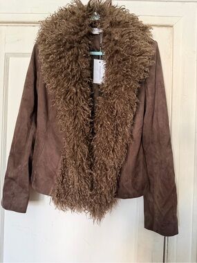 Lovers + Friends Brown Suede Jacket with Curly Fur Shawl Collar
